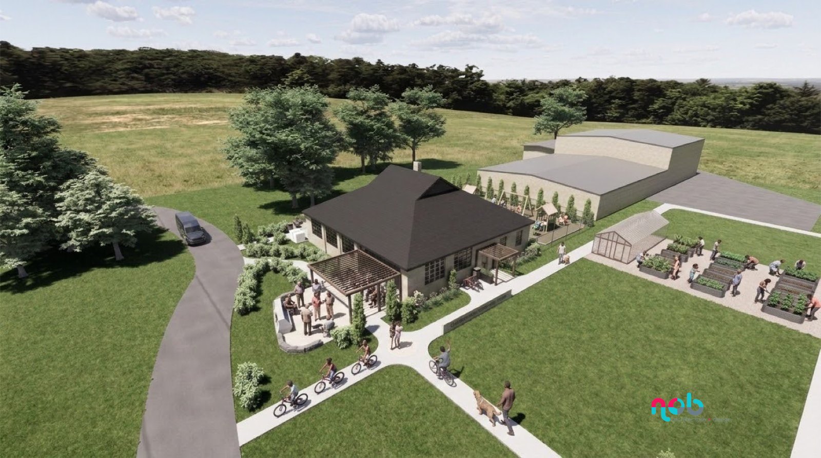 Aerial rendering of the ONEgeneration Community Center in Altheimer, with a pergola entry court, community garden, and greenhouse