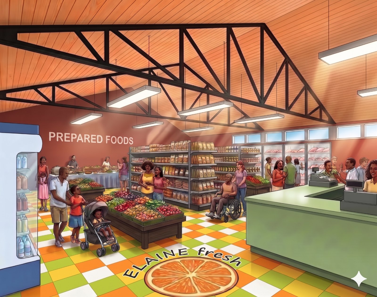 Interior rendering of ELAINEfresh, a community grocery store with produce displays, prepared foods, and checkout counters