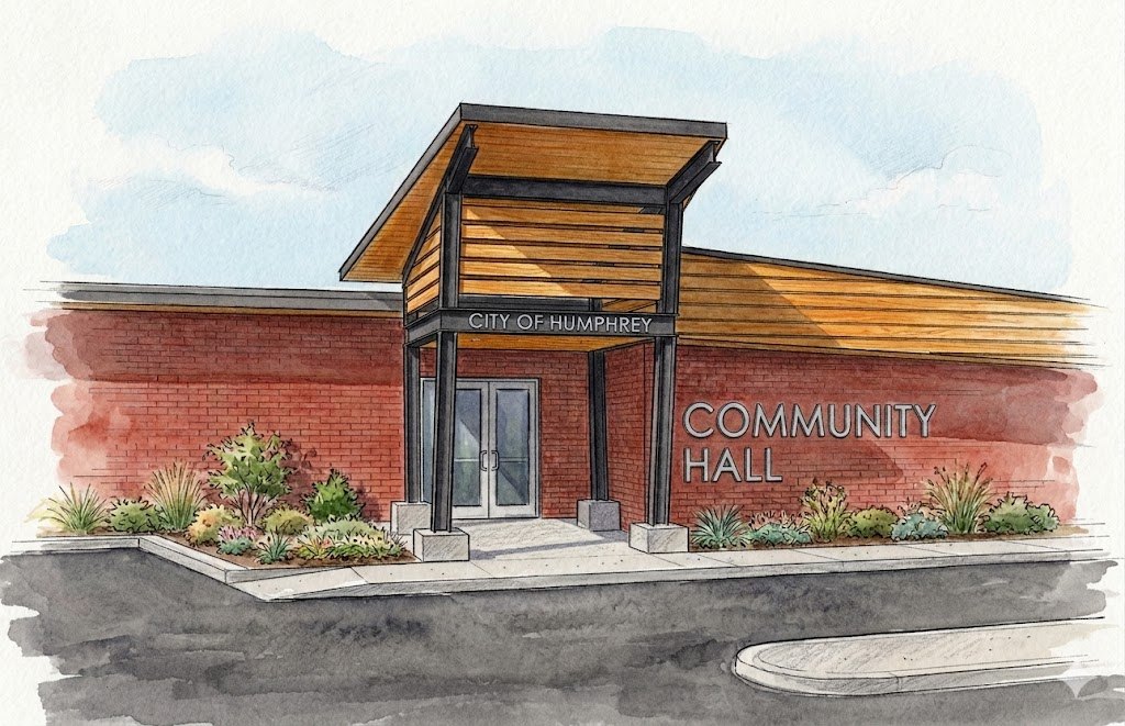 Rendering of CommUNITY Hall in Humphrey, a brick building with a new timber entry canopy