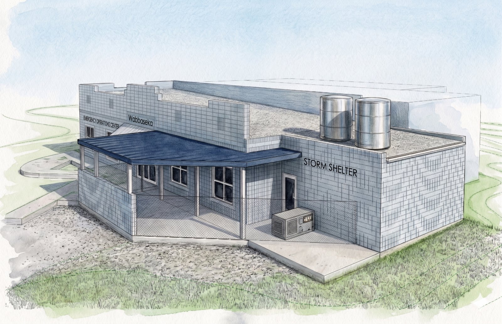 Rendering of the Wabbaseka Emergency Operations Center with a covered porch, storm shelter wing, generator, and water tanks