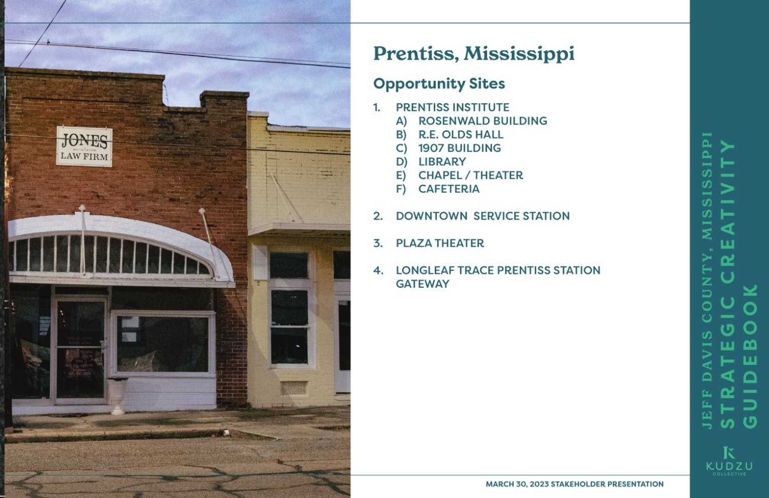 A guidebook page listing opportunity sites in Prentiss, Mississippi, beside a photograph of a downtown storefront