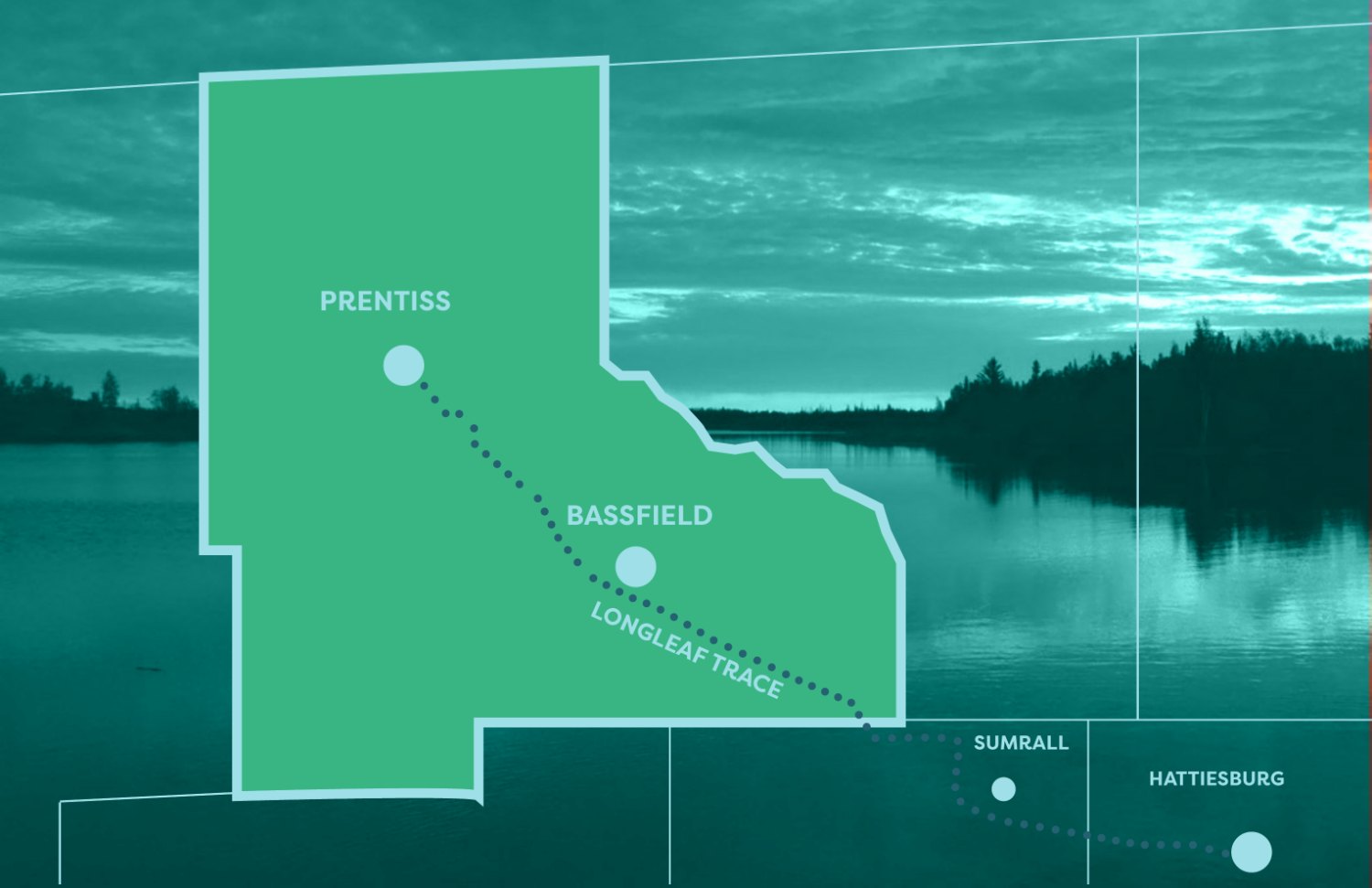 Regional map from the Jeff Davis County guidebook, locating Prentiss and Bassfield along the Longleaf Trace