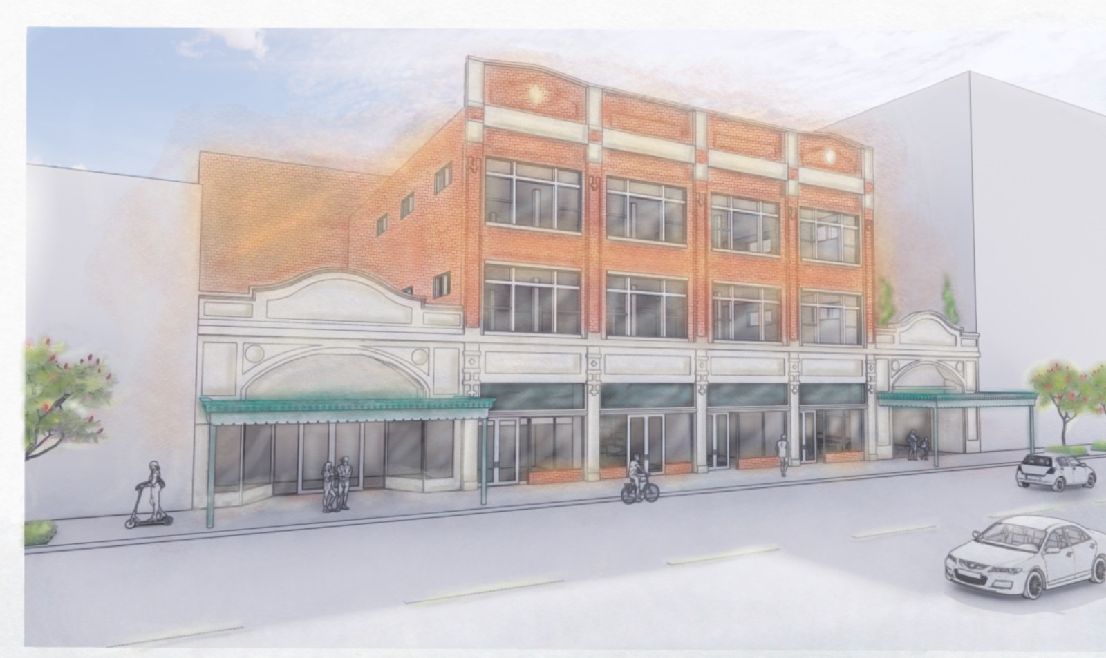 Rendering of the Griot Center on Yazoo Avenue, with restored storefronts and green awnings