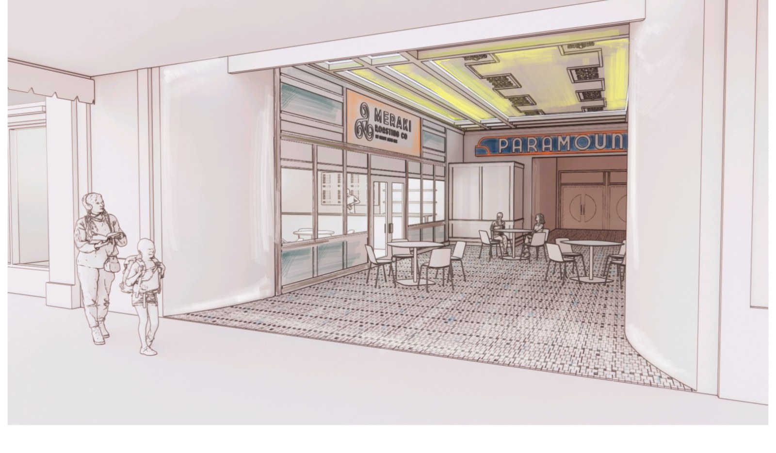 Rendering of the Paramount entry lobby with Meraki Roasting Co. and cafe seating beneath the historic marquee