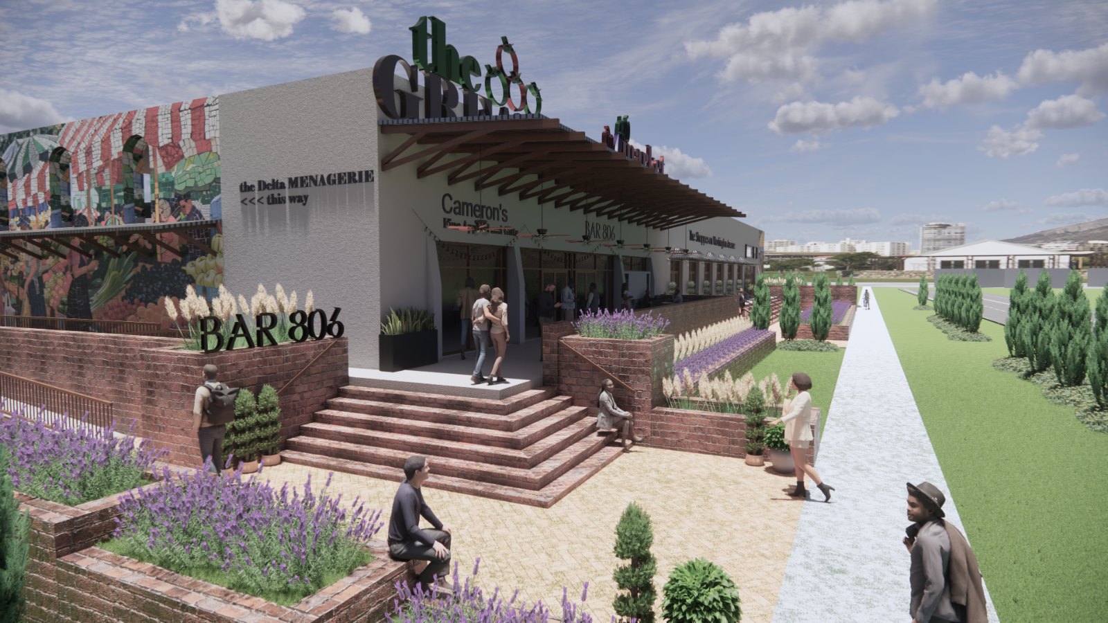 Rendering of the Great River Road Market entry, with brick terraces, a timber canopy, and a mosaic mural