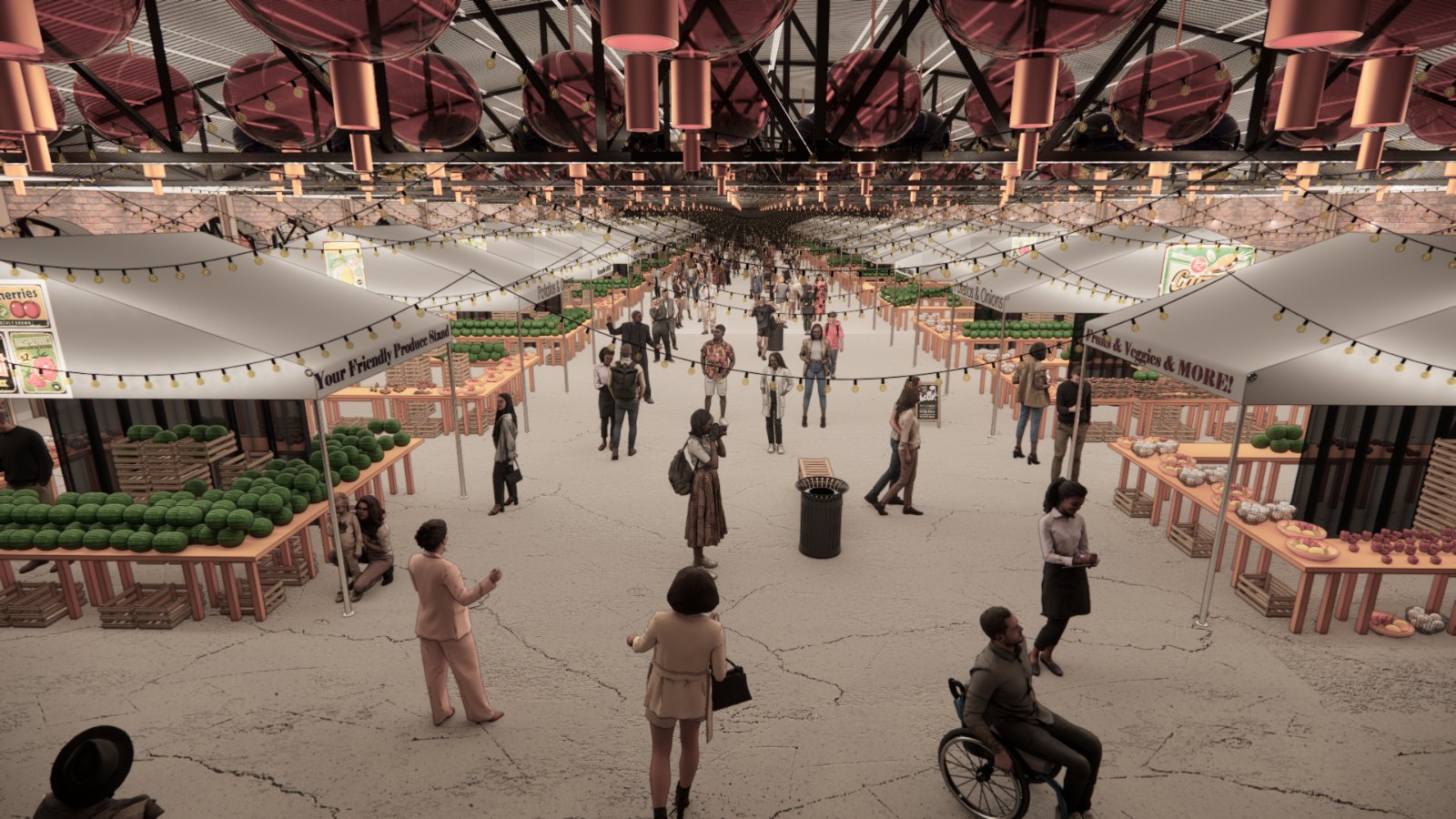 Rendering of the interior market hall filled with produce stands and shoppers under the warehouse trusses