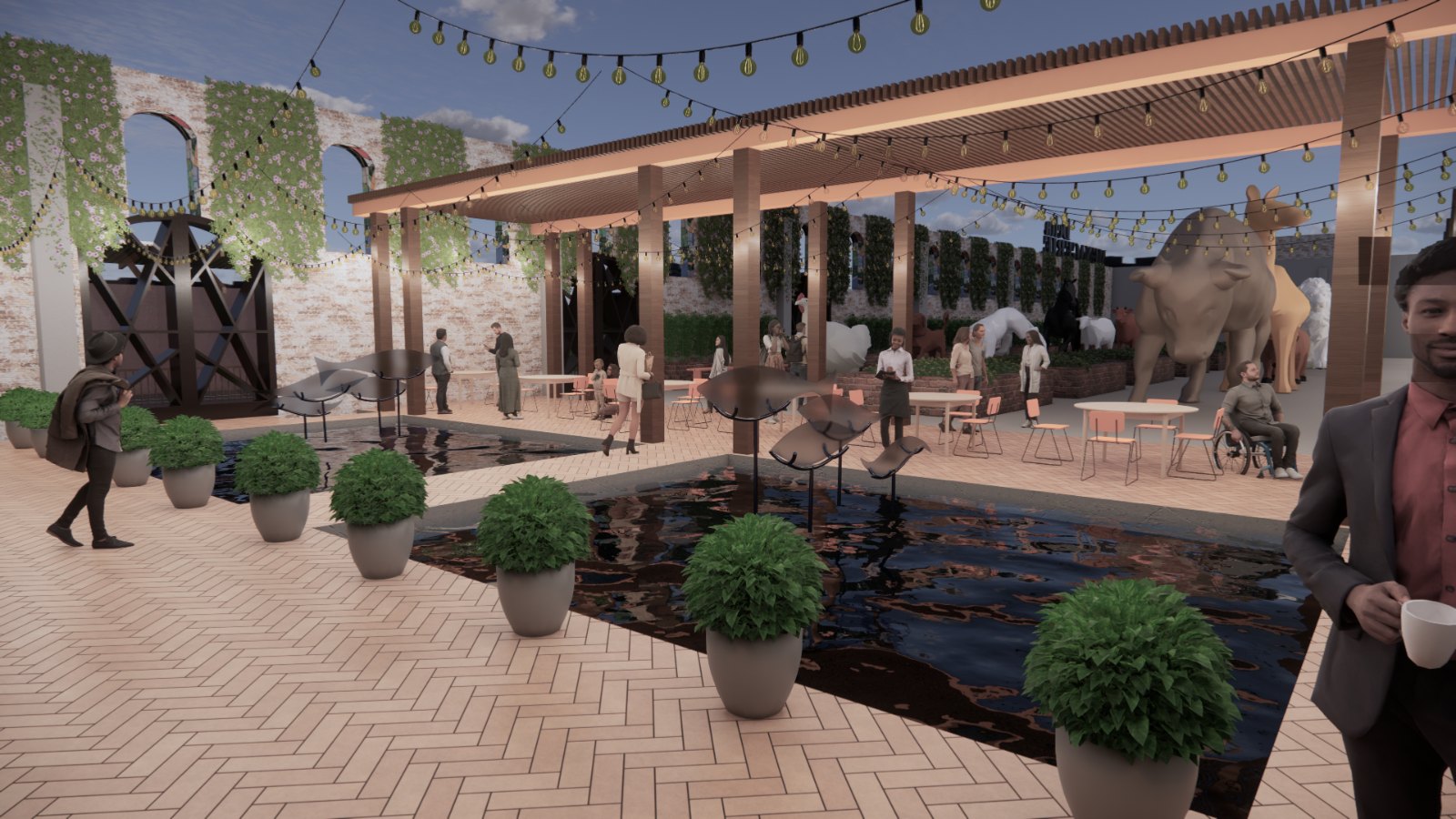 Rendering of the Delta Menagerie, an outdoor courtyard with reflecting pools, a pergola, and sculptures of native Delta species