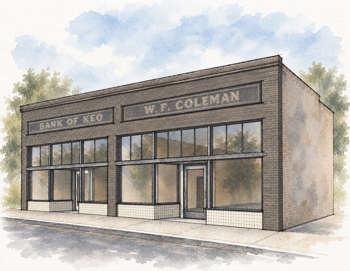 Watercolor rendering of the Bank of Keo and W. F. Coleman storefronts, with restored transom glass and tile bulkheads