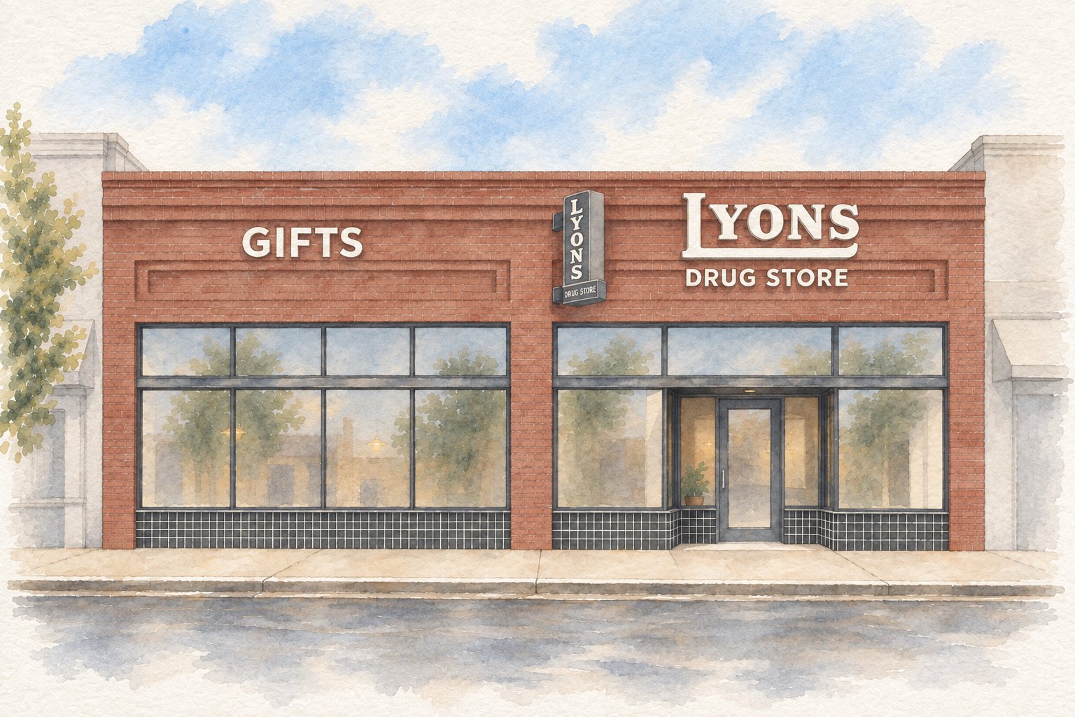 Watercolor concept rendering of the Lyons Drug storefront with uncovered transom glass and restored tile