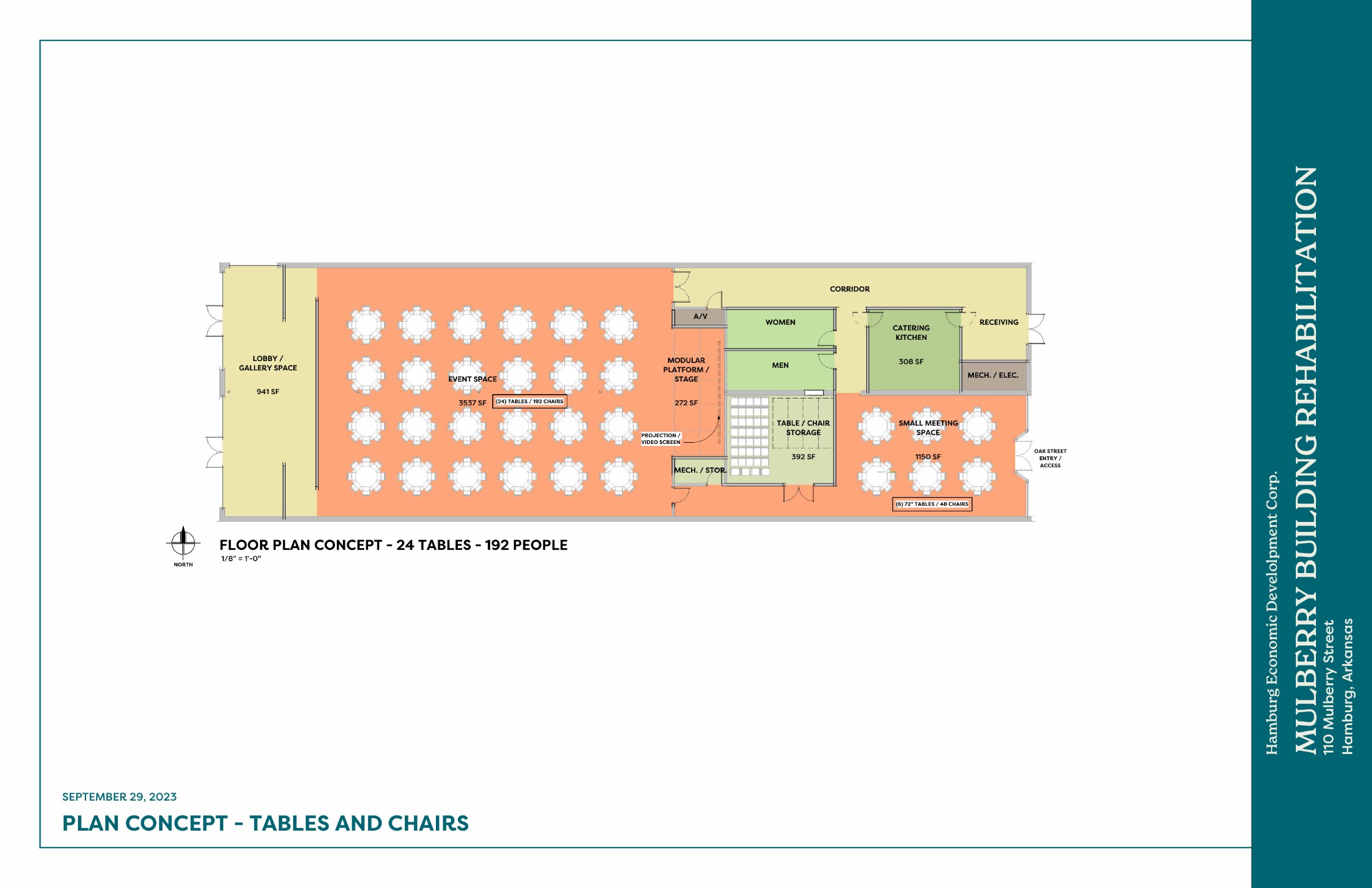 Floor plan concept for the Mulberry showing a lobby and gallery, a 3,537-square-foot event space seating 192, a catering kitchen, and a small meeting space
