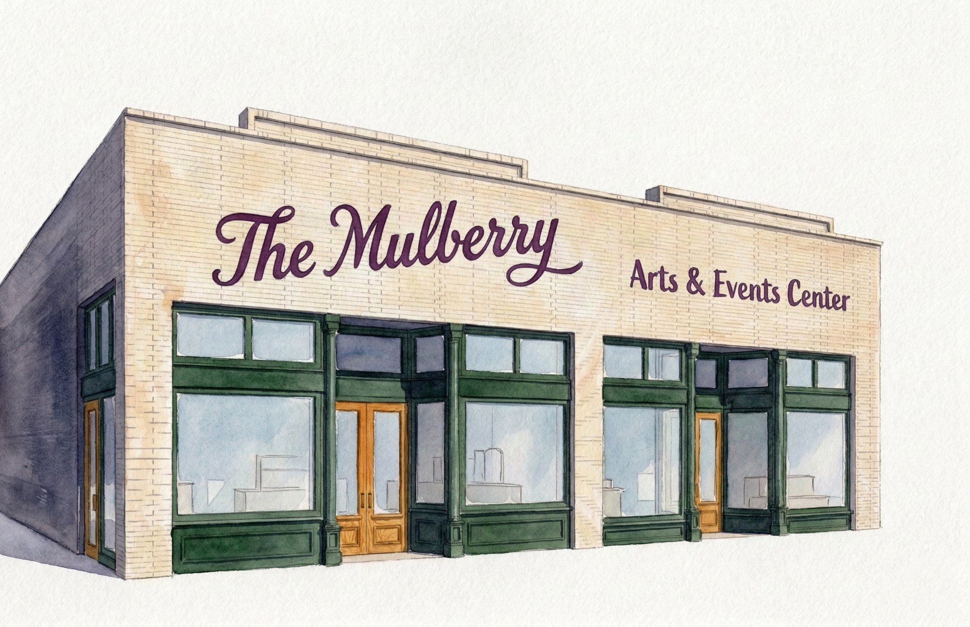 Watercolor concept rendering of the Mulberry Arts & Events Center storefront, with green storefront framing and painted signage on cream brick
