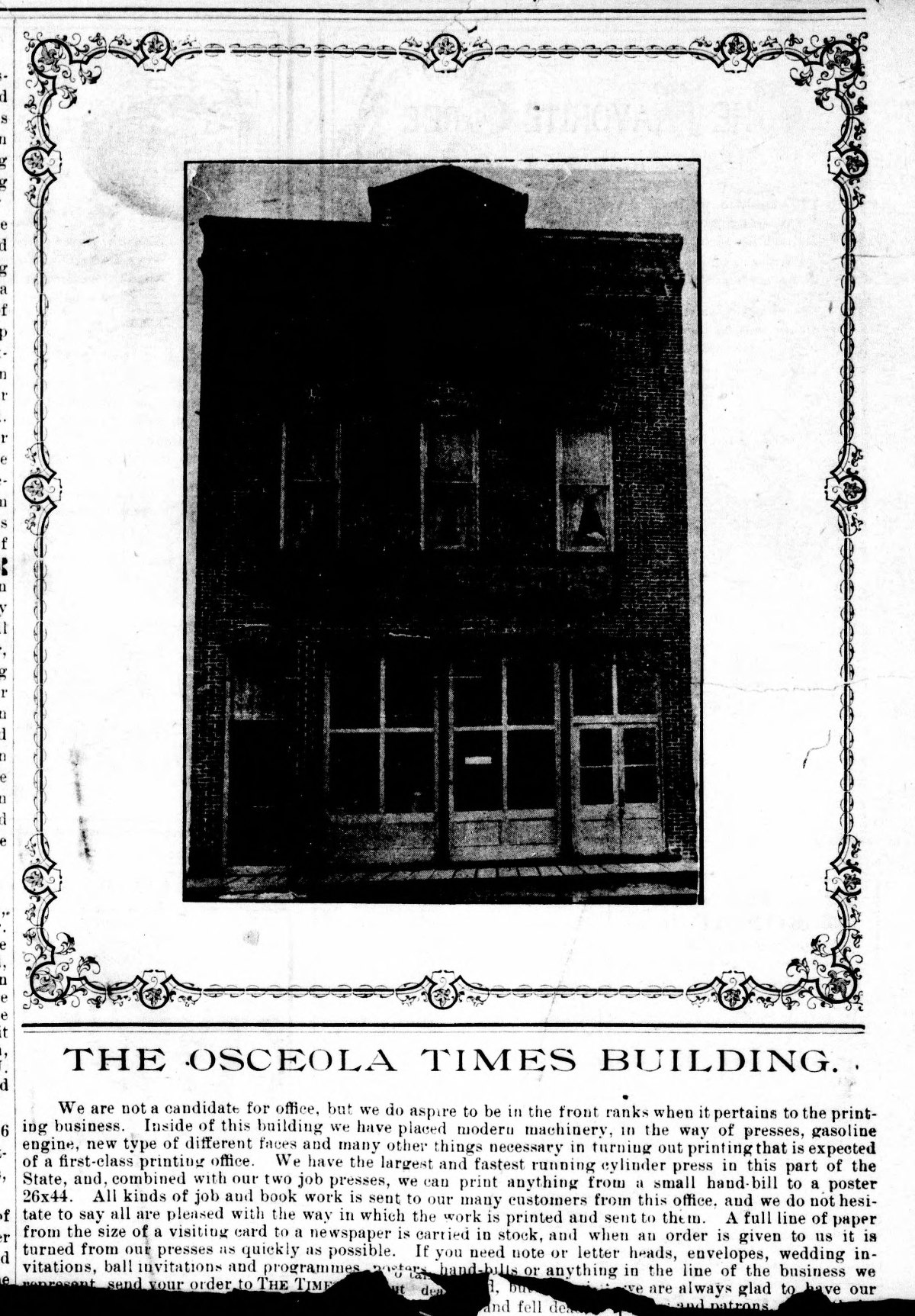 A 1903 Osceola Times page featuring a photograph of the newspaper's building