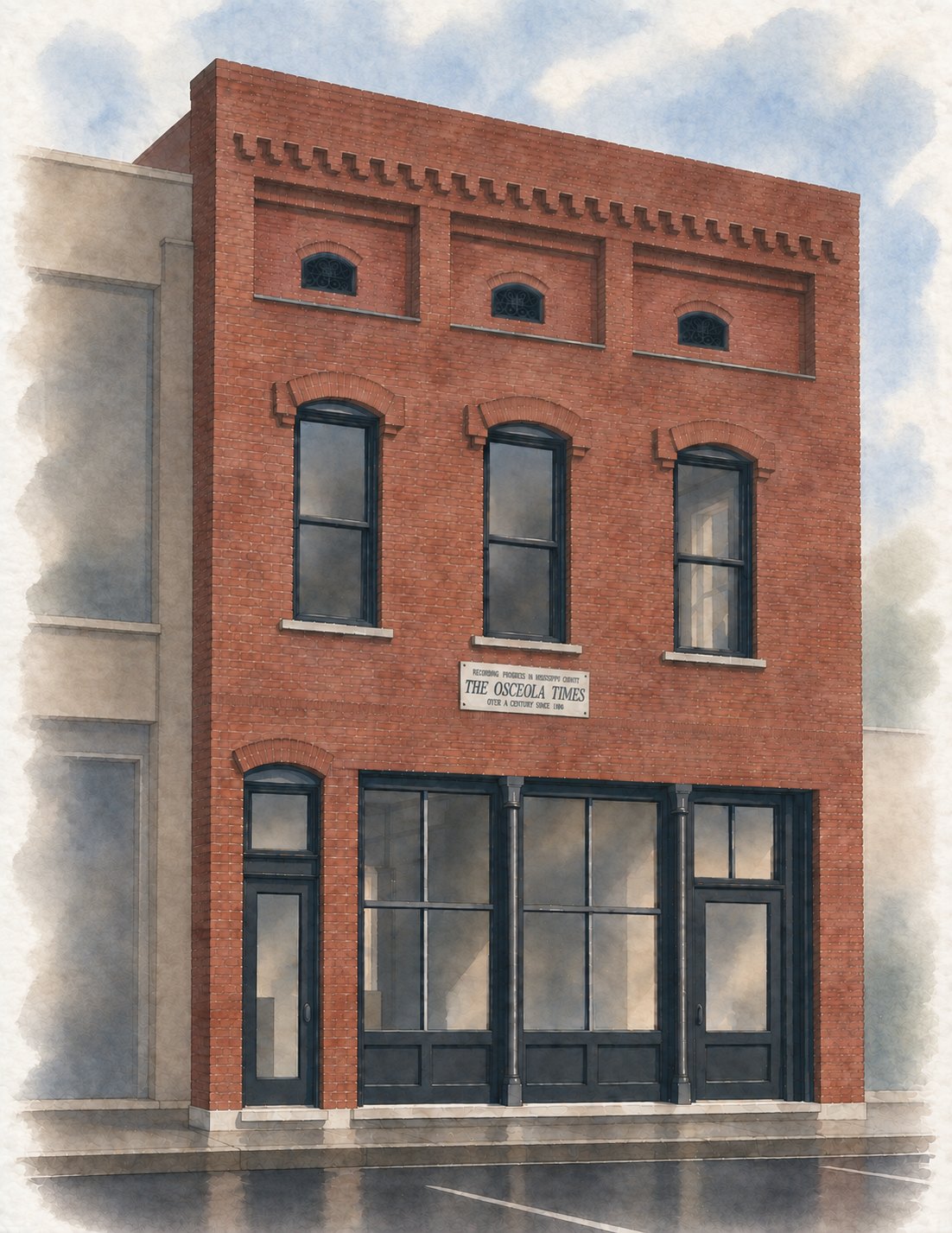 Rendering of the rehabilitated Osceola Times Building with a replicated storefront and restored windows