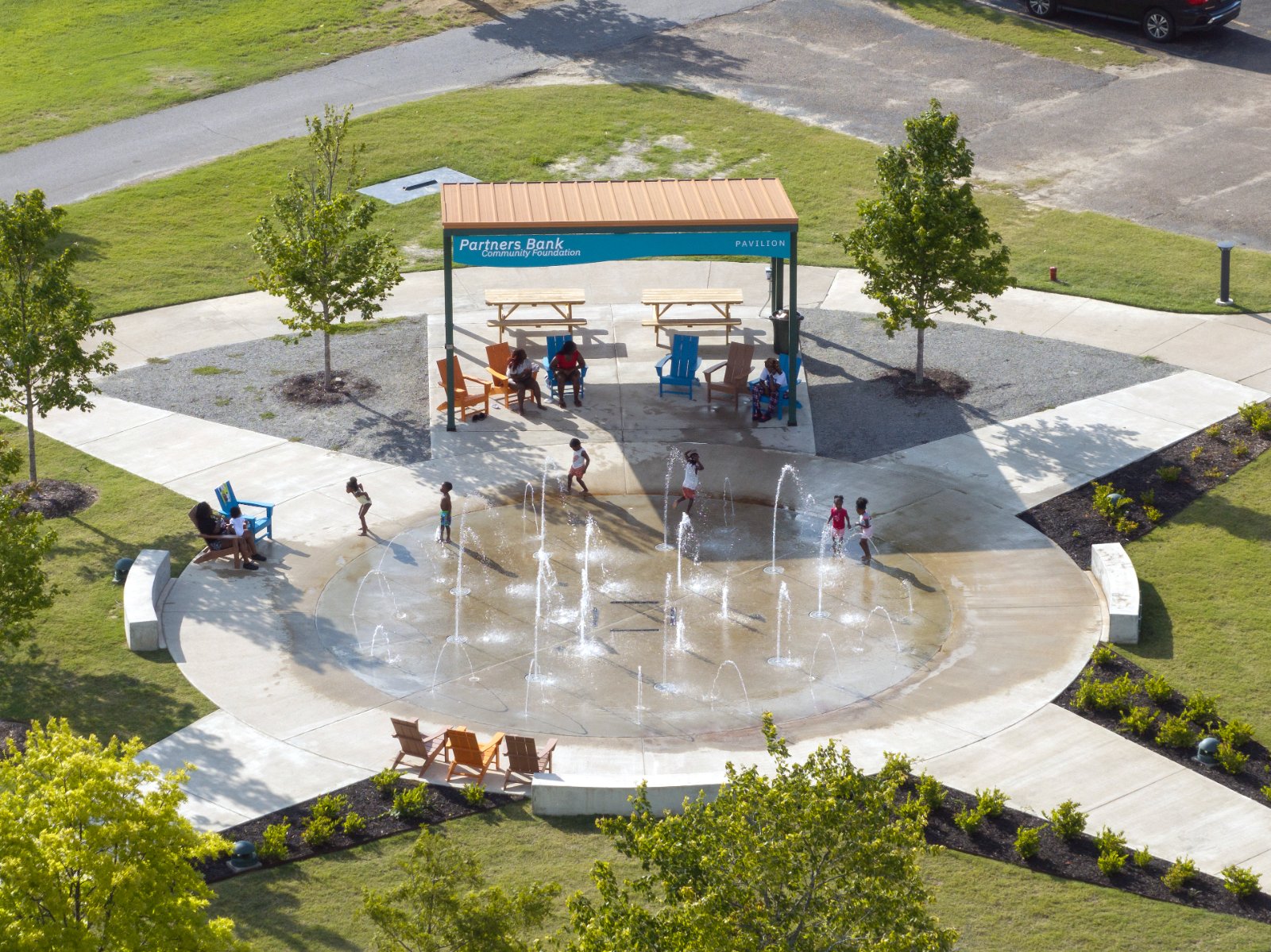 Elevated view of the splash park with the Phillips County Courthouse across the square